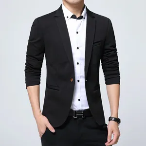 Mens slim fit casual blazer suit jacket in black with white shirt for spring autumn wear.