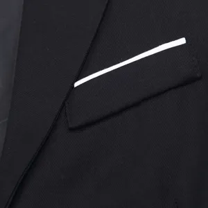 Men's black suit vest detailed view showing classic lapel and white piped pocket design.