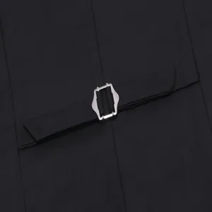 Men's suit vest back adjuster buckle detail, stylish black slim fit formal waistcoat design.