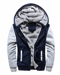 Detailed view of thick fleece lined hood and cozy interior for men winter zip up hoodie.