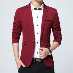 Men's Slim Fit Casual Red Blazer Single Button Stylish Suit Jacket for Spring Season