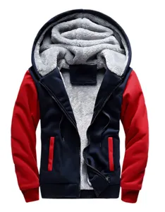 Men Fleece Lined Hooded Sweatshirt Winter Thickened Colorblock Zip Up Cardigan Casual Warm Cotton Blend Jacket Top