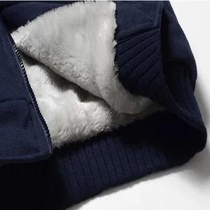 Detailed view of men's navy blue fleece-lined thermal zip up hoodie interior and plush lining.