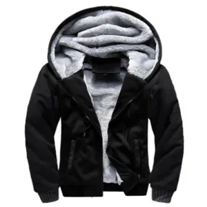Men's Thickened Fleece Lined Hooded Zip Up Jacket Casual Winter Warm Black Sweatshirt