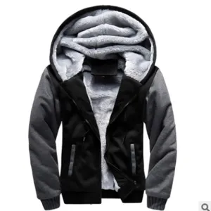 Thick fleece lined hoodie detail, black and grey casual jacket design for winter warmth.