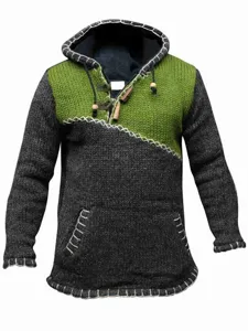 Pull à capuche en tricot color-block pour homme pull casual manches longues avec poche