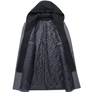 Men's Casual Woolen Overcoat Mid-Length Detachable Hood Jacket Winter Warm Outerwear