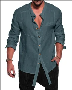 Men's casual long sleeve linen shirt with mandarin collar, loose fit and stylish daily wear.