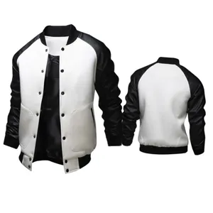 Men's colorblock baseball jacket with leather sleeves and large pockets, stylish outerwear.