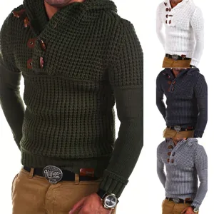 Heren Casual Langarm Capuchon Trui Slim Fit Effen Kleur Hoornknop Trui Breigoed Herfst Mode