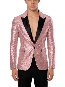 Chaqueta blazer hombre lentejuelas rosa solapa satén negro elegante un botón fiesta show