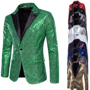 Men's shiny sequin blazer single button velvet lapel party stage suit jacket outerwear