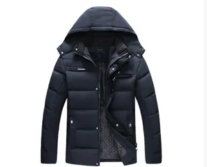 Herren Winter Kapuzen Steppjacke in Dunkelblau, warmer Daunenmantel mit Reißverschluss.