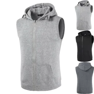 Men's casual sleeveless hooded zip-up vest jacket with pockets in grey and black.