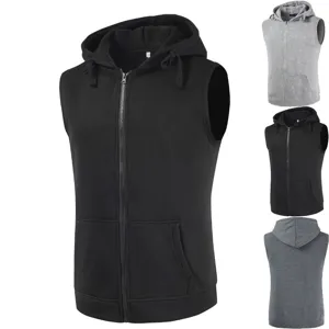Men fleece zip up hooded vest sleeveless hoodie jacket casual sports outerwear.