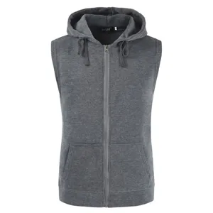 Men's dark grey sleeveless zip-up hoodie vest with hood, pockets, and adjustable drawstring.