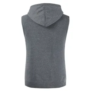 Men grey sleeveless hoodie detail view, casual athletic hooded vest showing back design.