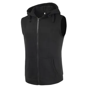 Mens black fleece zip up hooded vest detail view, casual sleeveless hoodie gilet.