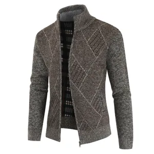 Men's knitted zip cardigan sweater detail showing argyle texture and stand collar style.
