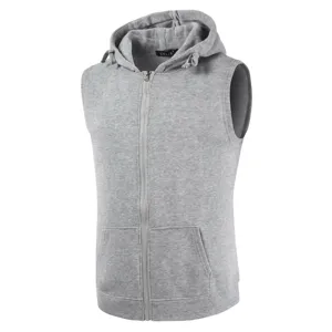 Men's grey hooded zip-up vest, casual sleeveless fleece outerwear product detail view.