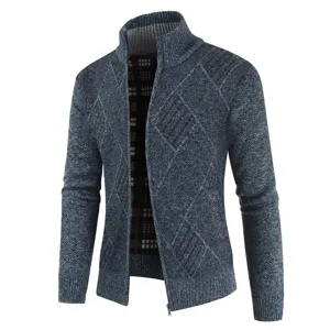 Men's zip-up knit cardigan sweater with diamond texture and stand collar for daily casual wear.