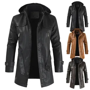 Blouson veste en cuir PU à capuche pour homme manteau long slim avec ceinture poches