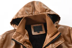 Détail de veste en cuir PU marron pour homme à capuche, blouson slim casual à col côtelé.