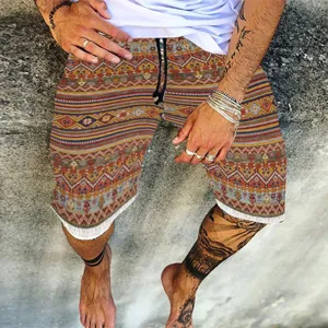Men vintage ethnic print casual shorts elastic drawstring beach shorts summer streetwear fashion.