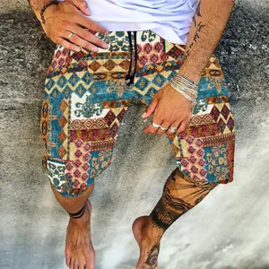 Men's vintage patchwork printed casual shorts with adjustable drawstring waist for summer.