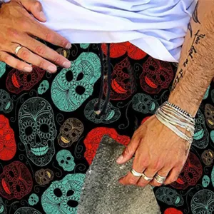 Mens dark style skull print casual shorts with drawstring waist for streetwear fashion.