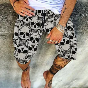 Men's skull printed casual shorts, comfortable drawstring waist, streetwear style.