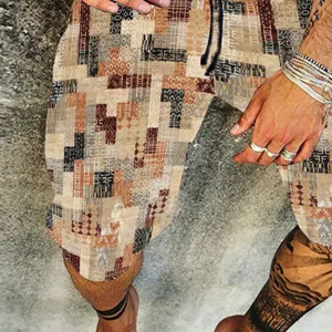 Men summer casual beach shorts with retro geometric block print, lightweight comfortable wear.