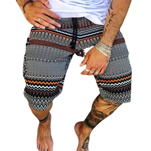 Detailed view of men ethnic geometric print casual shorts with comfortable drawstring waistband.