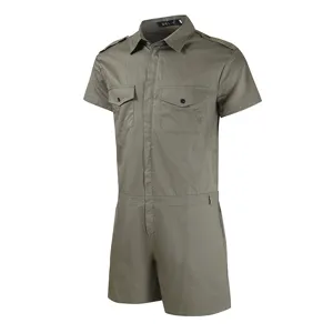 Men's summer short sleeve short jumpsuit tactical workwear casual romper with pockets