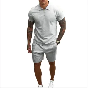 Men summer solid color lapel short sleeve polo shirt and shorts casual sports suit set.