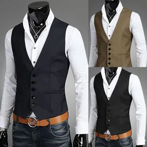 Mens Casual Slim Fit Suit Vest Single Breasted Collarless Solid Color Business Vest For Men Autumn Winter