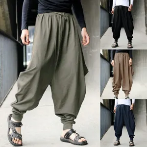 Men's Casual Cotton Harem Pants Loose Fit Retro Jogger Trousers With Drawstring Elastic Waist Streetwear