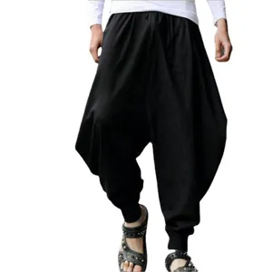 Men's black loose harem pants casual drop crotch jogger sweatpants for spring summer wear