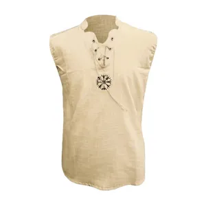 Hombre Medieval Vikingo Sin Mangas Lino Túnica Vintage Cordones Camiseta Sin Mangas