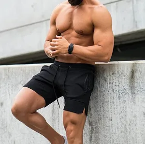 Men's athletic fitness shorts summer casual solid color gym training running shorts with zip pockets