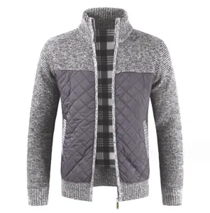 Men's stand-up collar zip knit cardigan fleece lined quilted jacket winter outwear