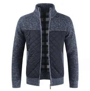Men stand collar zip knit jacket detail, black quilted panel, warm cozy winter wear.