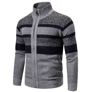 Men's full-zip striped knit cardigan featuring a high stand collar and cozy fabric detail.