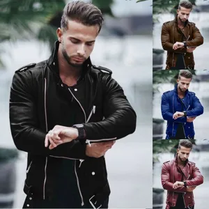 Détail de veste de moto en cuir synthétique pour homme, col montant et fermeture éclair.