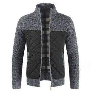 Men's thermal knitted cardigan jacket with stand collar and quilted front panels.