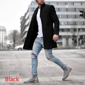Men Business Casual Woolen Overcoat Solid Color Lapel Single Breasted Mid Length Trench Coat Autumn Winter Outerwear