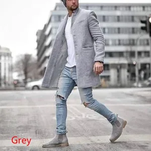Detail view of men casual lapel wool blend trench coat street style outfit in grey color.