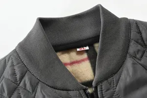 Men's winter fleece cotton jacket detail shot showcasing ribbed stand-up collar and plaid lining.