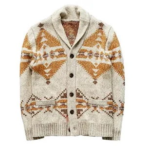 Men's retro aztec geometric patterned knit cardigan sweater with shawl collar and buttons.