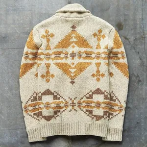 Detailed view of a mens knitted cardigan sweater featuring retro geometric jacquard patterns.